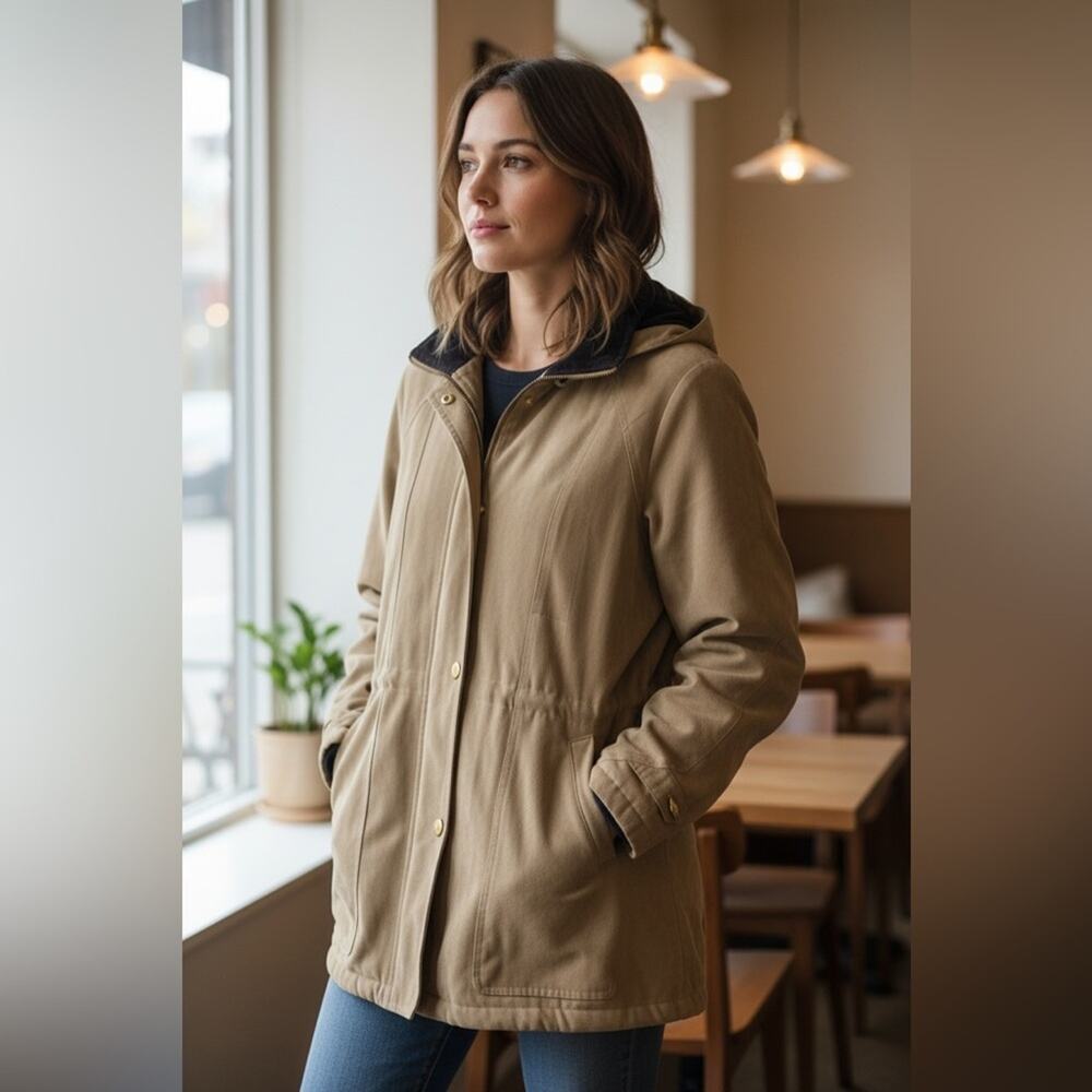 WEATHER TAMER Women’s Medium Tan Suede Jacket with Quilted Liner and Hood ⭐️
